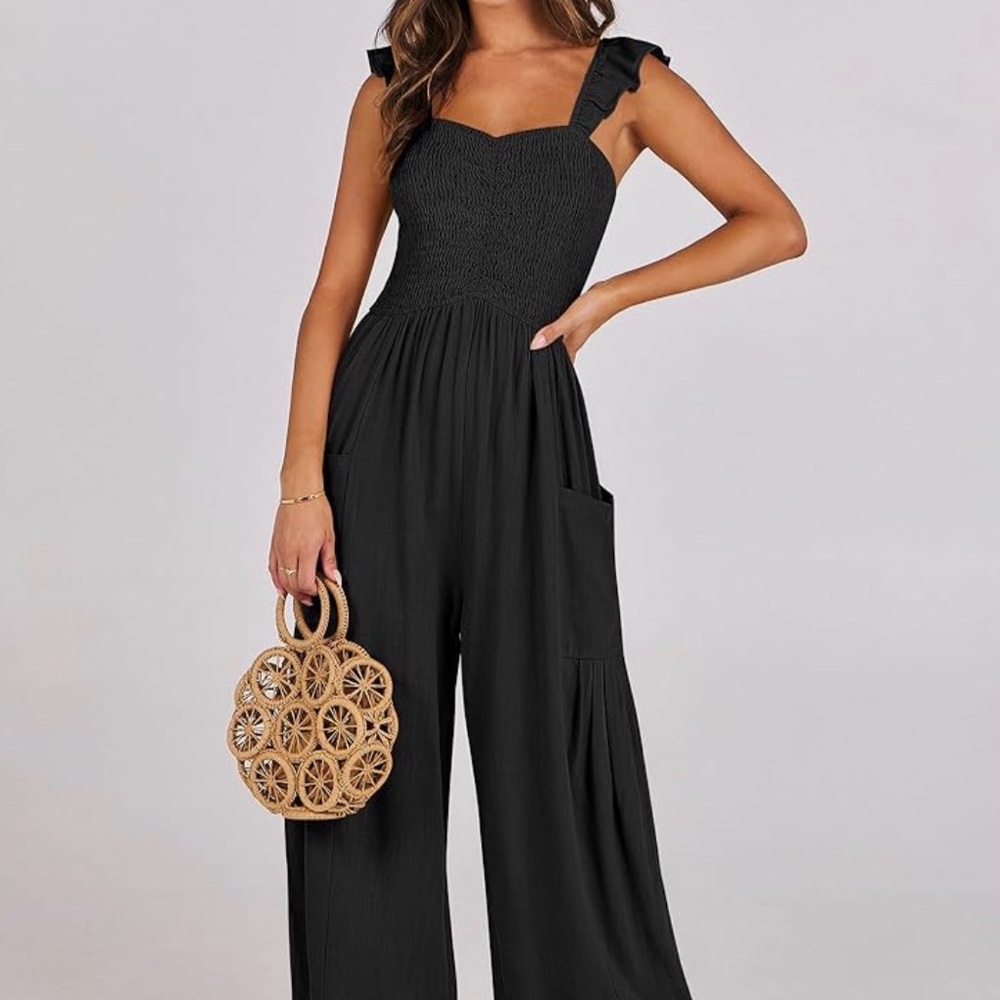 ANRABESS Women Summer Casual Sleeveless Smocked Wide Leg Linen Jumpsuit Romper